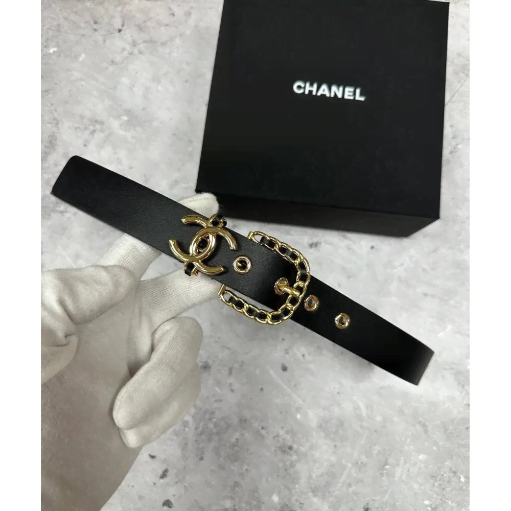 Черный кожаный ремень Chanel 3см