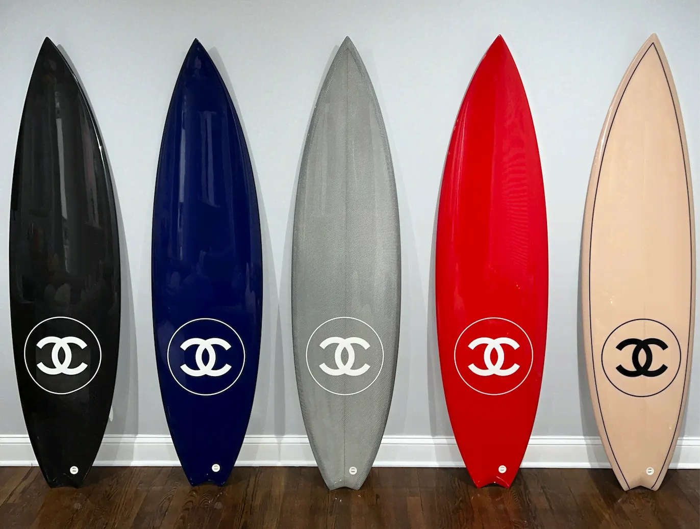 Chanel Carbon Fiber White CC Logo Surfboard Set Of 5 Black Blue Silver Red Beige